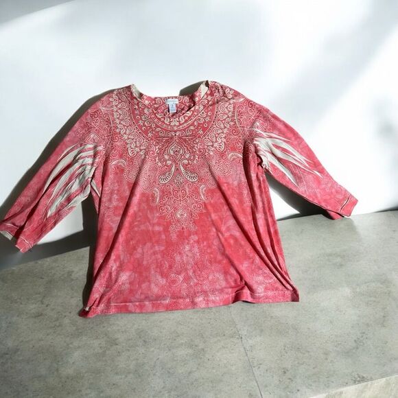 Chico's Coral Paisley Embellished Long‎ Sleeve Lightweight Shirt Size 3 (XL) - Picture 1 of 10